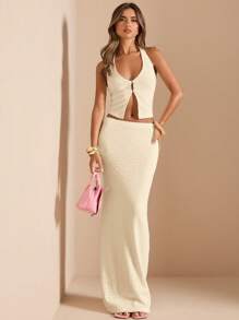 SHEIN BAE 2 件套 - 纯色性感深 V 领露背纹理吊带背心和低腰长裙，女式白色度假装 - 杏色 - 查看 6