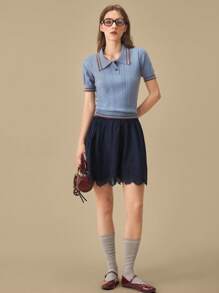 Muvela 女士纯色海军蓝下摆拼接蕾丝裙，夏季时尚 - 藏蓝色 - 查看 3