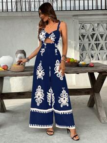 SHEIN VCAY Vacation Chiffon bedruckter locker sitzender ärmelloser Jumpsuit für Damen