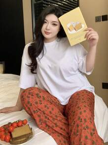 Dazy Plus 2 pièces/Set Top unicolore col rond et pantalon imprimé floral Ensemble pyjama, Loungewear