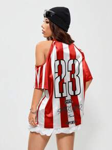 Coolane Women's Summer Y2K Blockcore Sportswear Game Day Striped Number Pattern Off Shoulder Raglan Sleeve V-Neck Jersey T-Shirt,Rave Top