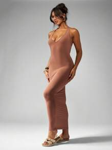 MISSGUIDED 圆滑吊带衫Bodycon Midi连衣裙夏季弹力合身派对俱乐部晚间形式-合身鱼尾长裙Y2K时尚优雅自信 - 棕色 - 查看 5