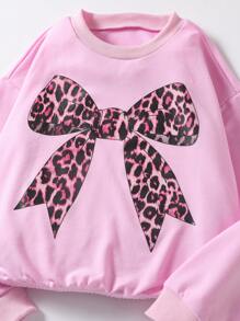 Set de 2 piezas de sudadera con estampado de lazo de leopardo y pantalón acampanado para niñas preadolescentes, adecuado para otoño/invierno