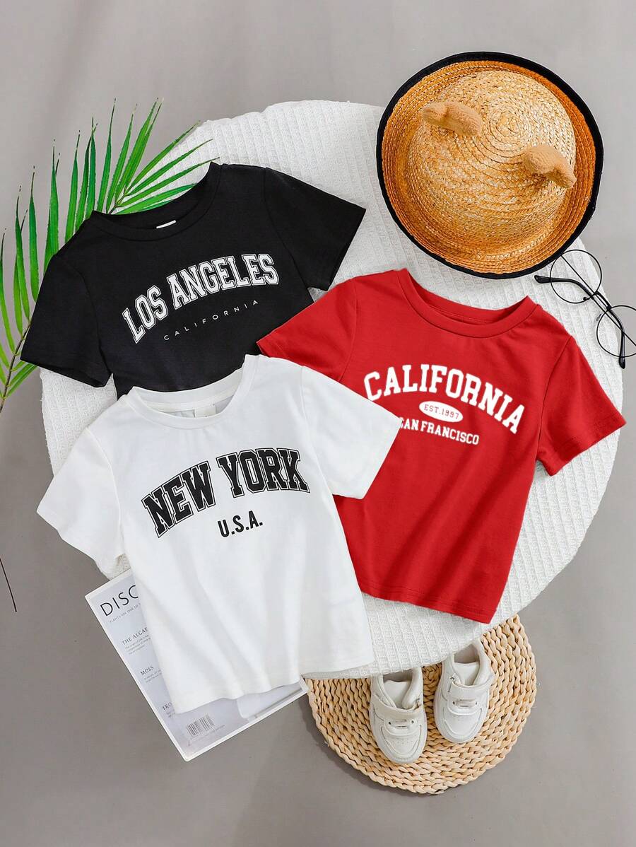 SHEIN Leap Crew 3-Piece Set: Baby Boy Letter Print Soft Knit Crew Neck Short Sleeve Pullover Top - Multicolor - View 1