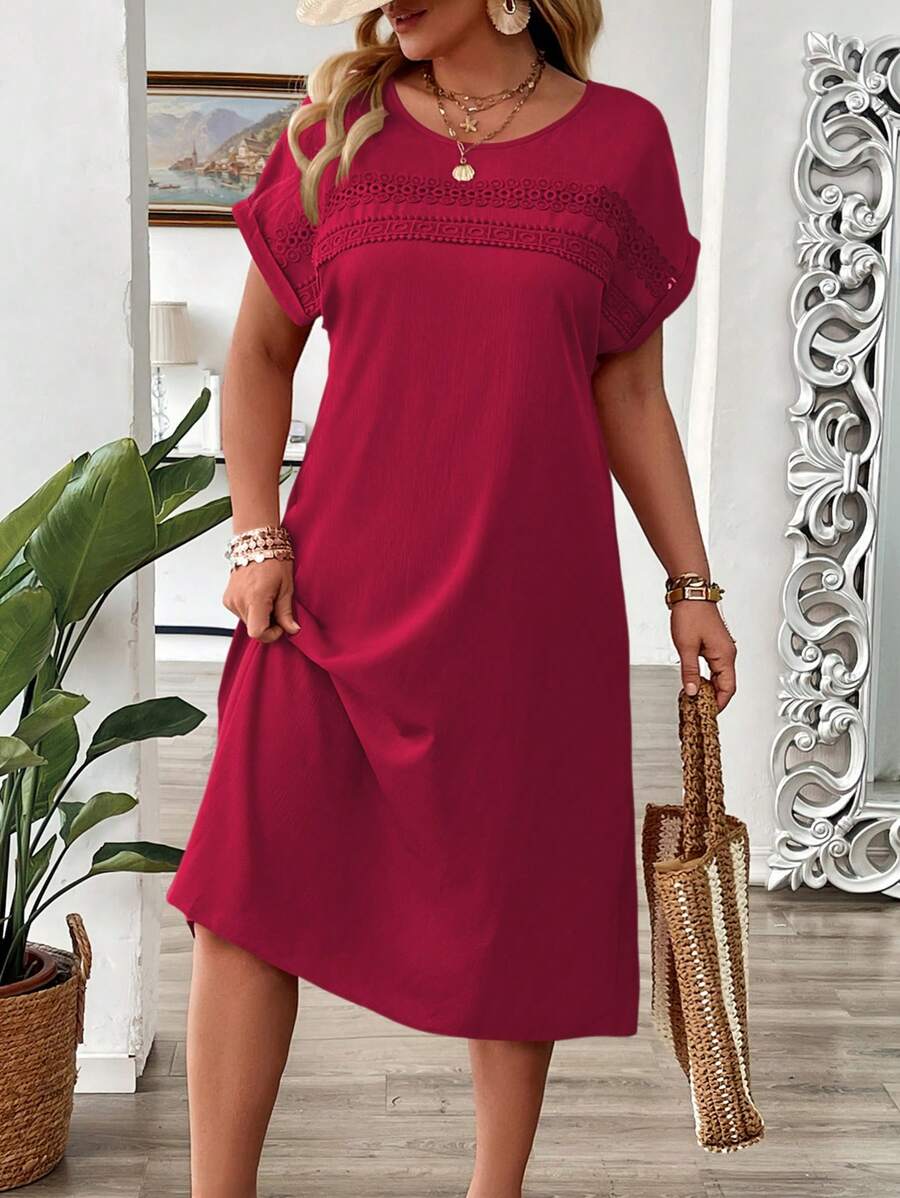 Vestido suelto y casual de cuello redondo y hombros caídos con encaje de contraste, estilo minimalista para el verano, talla grande - Rojo - Ver 1