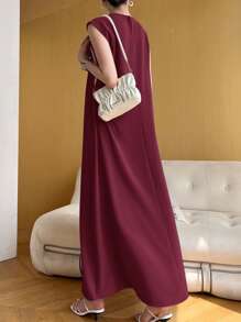 Heiryn Women Sleeveless Solid Color Arabic Style Dress Suitable For Summer - Burgundy - View 4