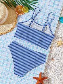 SHEIN Tween Girls Casual Minimalist Striped Contrast Color Tankini Two Pieces Swimwear, Suitable For Summer - Blue - View 3