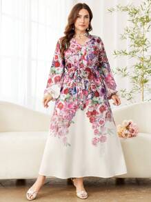 Modelyn 1pc Plus Size Elegant Asymmetric Digital Floral Print Dress - Multicolor - View 1