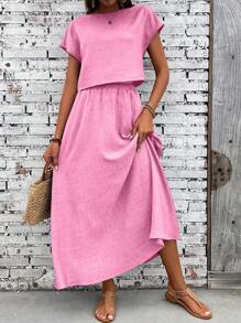 EMERY ROSE Bộ 2 món áo thun tay ngắn màu trơn đơn giản mùa hè dành cho nữ và chân váy - Hồng - Xem 5