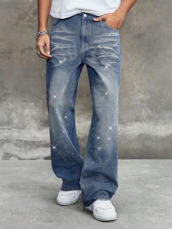 Street Life Pantalones vaqueros de pierna recta con pedrería para hombre, estilo Y2K