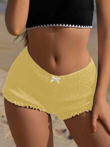 女士荷叶边下摆蝴蝶结装饰比基尼短裤，夏季假日 - 黃色 - 查看 3