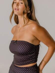 Aralina Leisurewear Polka Dot Strapless Ruched Stretchy Bandeau With Bow Detail Cute Summer Top And Short Two Pieces Set - Black and White - View 7
