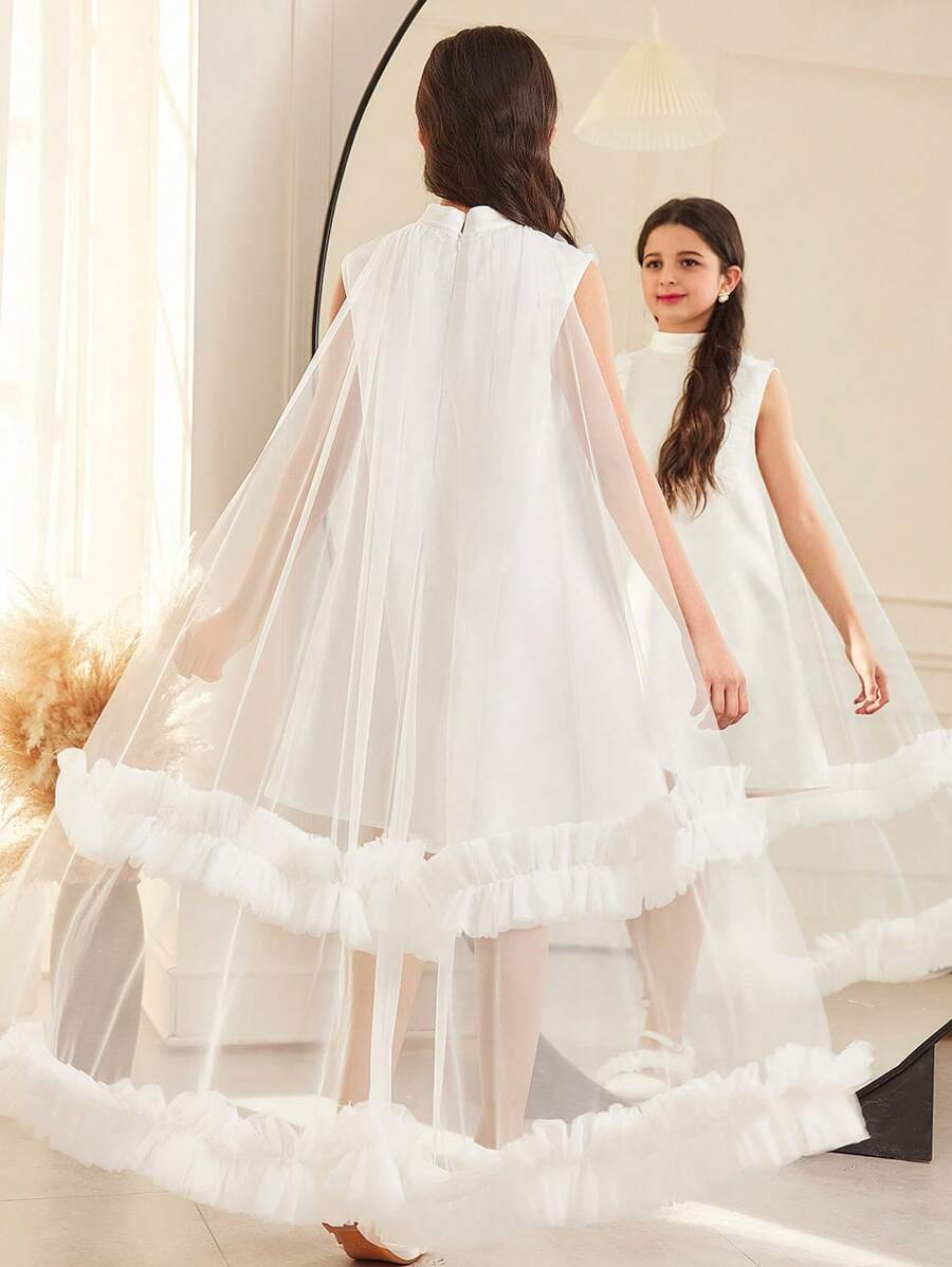 SHEIN Tween Girls Elegant Regal Flare A-Line Dress With Ruched Stand Collar, Exaggerated Floral Ruffled Large Capelet Hem - White - View 1