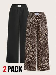 SHEIN EZwear Pantalones sueltos de talla grande con estampado de leopardo negro para mujeres