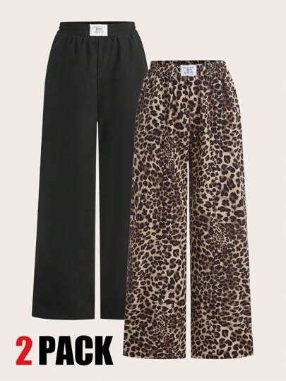 SHEIN EZwear Plus Size Women's Black Leopard Print Loose Pants, Summer Pants, Holiday Outfits, Women, 2pcs