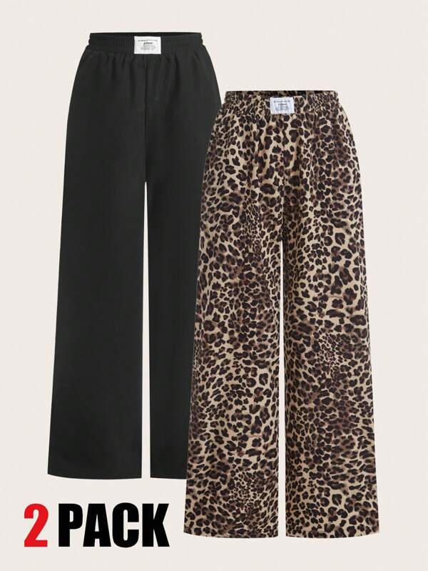 SHEIN EZwear Plus Size Women's Black Leopard Print Loose Pants, Summer Pants, Holiday Outfits, Women, 2pcs