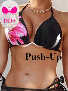 Swim DD+ Top de bikini con estampado floral grande, tirantes de espagueti y espalda descubierta para mujer DD, vestimenta casual y de resort para el verano - Negro - Ver 6