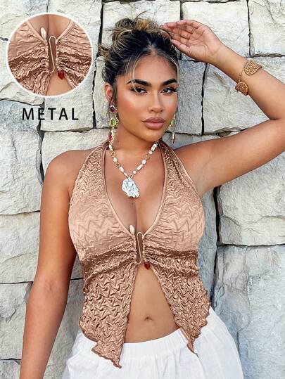 SHEIN SXY 度假风格纯色性感短款上衣，带挂脖和露背设计，无袖上衣，性感，夏季，海滩，度假村，度假，露背上衣，狂欢，街头服饰，Y2K，Gyaru，外出，夏季，春季，筒形，性感上衣，狂欢，音乐会，节日，夏季，春季，俱乐部女性性感，