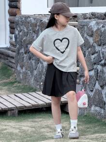 DAZY Girls Fashion Set: Short Sleeve Knit Top + Skirt, Summer - Grey - View 9