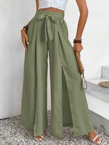 SHEIN Frenchy 女士纯色扭纹打结腰部开衩系带宽松长裤，非常适合度假 - 薄荷綠 - 查看 3