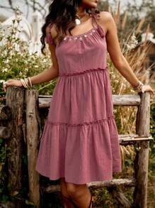 LanaWest Spaghetti Strap Shell Trim Tassel Patchwork Women Dress