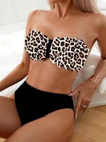 SHEIN Swim 女士性感豹纹比基尼两件套泳衣套装，夏日海滩 - 彩色 - 查看 2