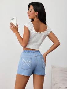 SHEIN Tall 女士牛仔短裤，休闲修身款式，带蝴蝶结细节，蓝色