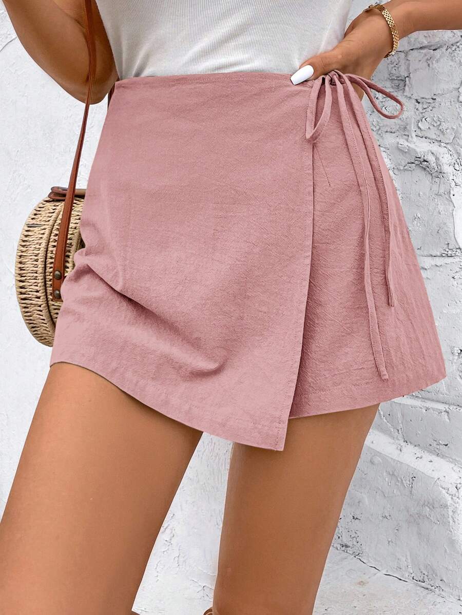 SHEIN Frenchy Solid Knot Side Wrap Bowknot Wrap Mini Skort Summer Pink Casual - Baby Pink - View 1