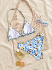 SHEIN Teen Girls 2pcs/Set Seaside Vacation Blue And White Summer Random Color Print Spaghetti Strap Top & High Cut Bikini Bottom Set,Summer Beach, Suitable For Summer