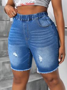 SHEIN SXY Plus Size Women's Summer Pockets Distressed Elastic Waist Denim Biker Pants