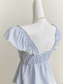 Elamini Blue Cute Girl Ruffle Trim Sexy Backless Low Neck Short Camisole Top