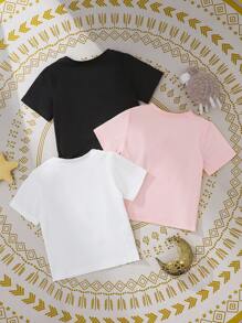 SHEIN 3pcs Baby Girl Casual Cute Eid Al-Adha Pattern Print Round Neck Short Sleeve T-Shirts, Soft Knit Fabric, Suitable For 6 Months - 3 Years Old, Great For Eid Celebration, Photos, Outdoor Activities, Daily, Multi-Color Set - Multicolor - View 2