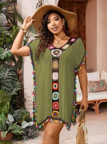 Swim Lushoire Plus Size Women Crochet Patchwork Cover Up For Beach, Vacation - Army Green - View 4