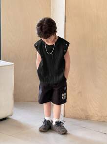 SHEIN Young Boy Letter Embossed Crew Neck Loose Fit Sleeveless Vest - Black - View 6