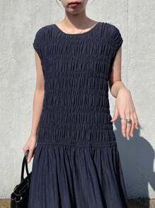 FRIFUL Vestido feminino sem mangas com franzido e cintura franzida assimétrica, vestido elegante de cor sólida, verão, babados - Azul marinho - Ver 2