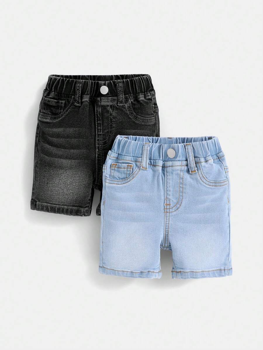 SHEIN 男婴两件套松紧腰洗水牛仔短裤套装，男婴夏装 - 彩色 - 查看 1