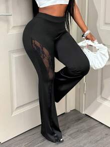 BamGleam 女式高腰透明蕾丝插片喇叭裤