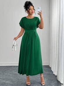 SHEIN Clasi Plus Size Women Elegant Solid Color Ruffle Sleeve Dress, Suitable For Weddings And Holiday Wear - Dark Green - View 1