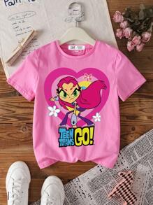 Teen Titans Go X SHEIN Tween Girl Oversized Pink Heart Graphic Round Neck Short Sleeve Summer Casual T-Shirt - Pink - View 1