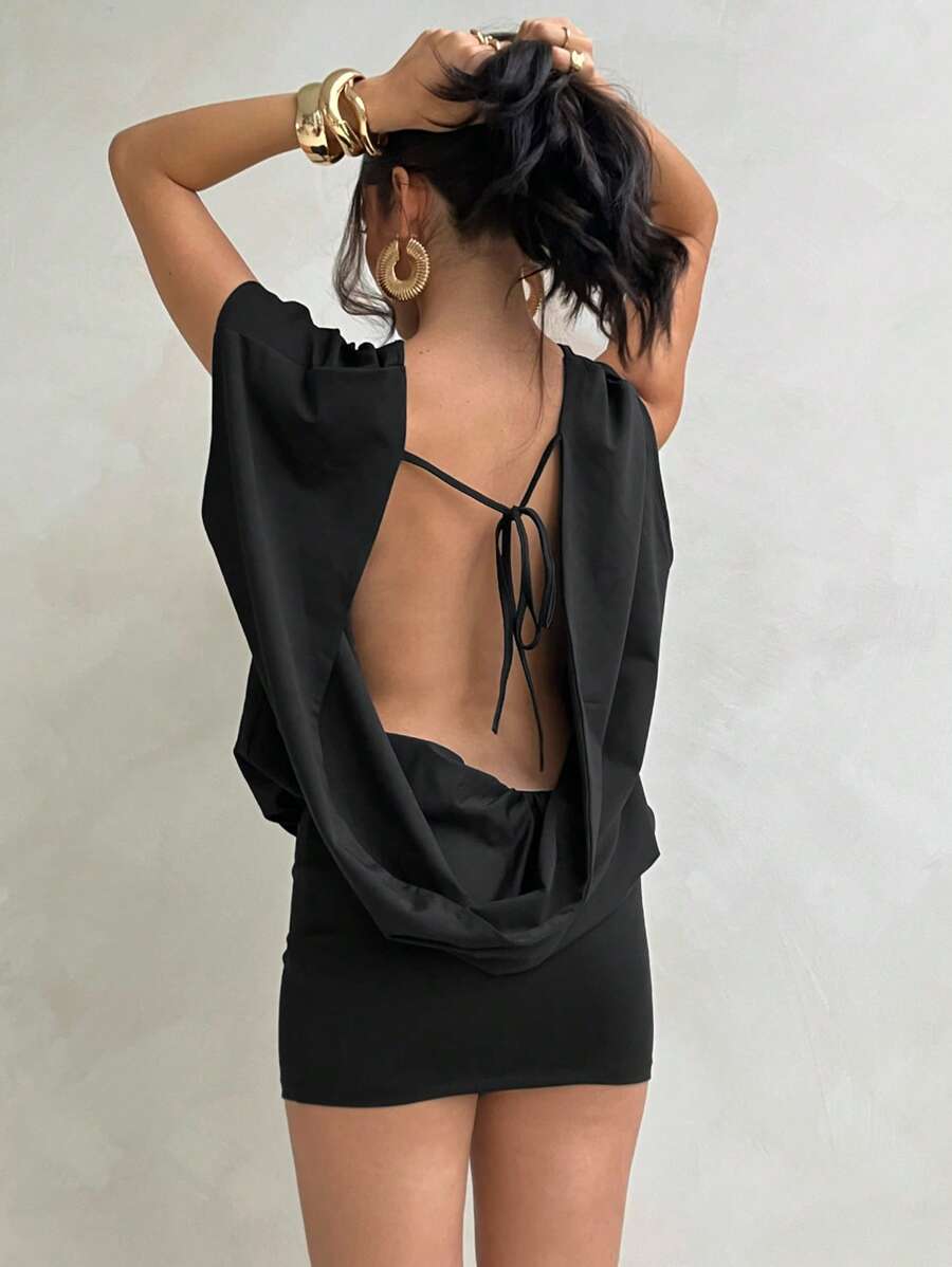 Aloruh Elegant Knit Backless Tie Strap Women Mini Dress, Black Party