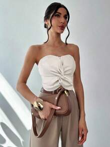 Firerie Camolă din fibră de bambus, fără mâneci, încrucișată, cu detaliu texturat, elegant pentru navetiști, top cu tub Design Sense, potrivit pentru vacanță, întâlnire, petrecere, înapoi la școală, nuntă, festival de muzică - Caisă - Vizualizare 4