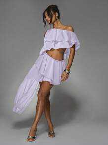 MISSGUIDED Off Shoulder Ruffle Mini Dress With Asymmetrical Hem Party Club Evening Wear Tiered Flounce Summer Spring Fashion - Mauve Purple - View 1