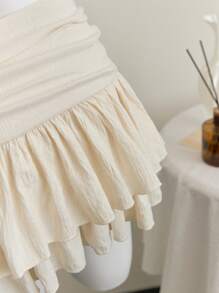 Elamini Khaki Pleated Waist Layered Chiffon Flowy A-Line Mini Skirt, Elegant Vacation Style - Beige - View 4