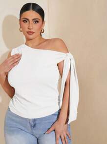 SHEIN BAE 大码女式黑色不对称露肩上衣，适合通勤、约会、下午茶、情人节、夏季、生日、大码性感上衣、曲线上衣、正式、曲线、派对、带肩带 - 白色 - 查看 6