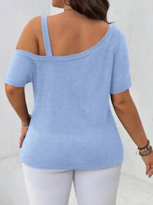 SHEIN LUNE Plus Size Plain Oblique Shoulder T-Shirt, Fashionable For Summer - Baby Blue - View 2