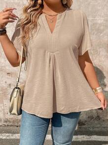 Linhara Plus Size Women's Solid Color V-Neck Short Sleeve Pleated Blouse, Spring/Summer