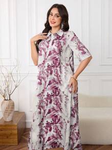 Lacomfia Women's Loose Ink Painting Print Long Sleeve Dress - Burgundy - View 6