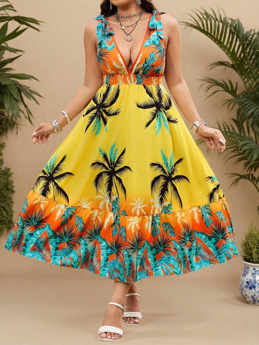 SHEIN Clasi Váy in hình cây dừa thường ngày cho kỳ nghỉ cỡ lớn dành cho nữ - Nhiều màu - Xem 1