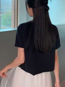 DAZY Chaqueta de mujer con cuello redondo, manga corta, decoración de lazo y bloques de color, linda y casual para el verano