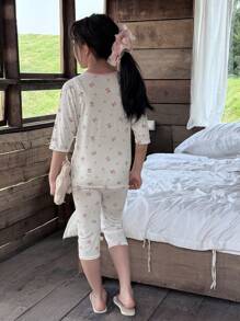 DAZY 2pcs/Set Tween Girls Cartoon Bear Print Short Sleeve Top And Pants Pajama Set,Girls Summer Outfits,Back To School Clothes